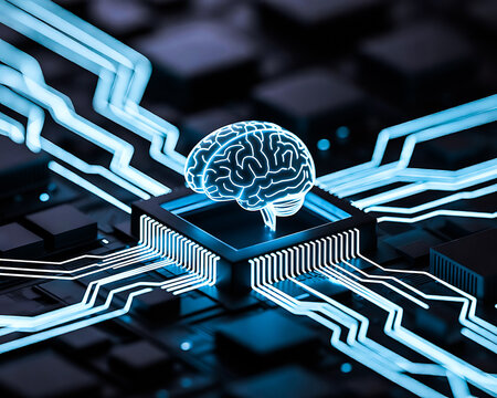 A dark background on human brain convert to artificial intelligence technology.	
