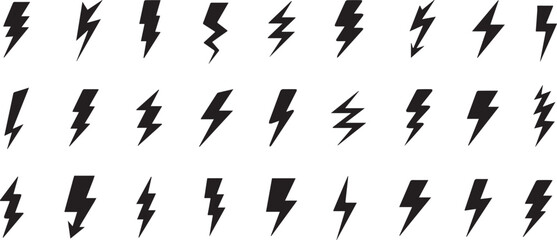 Set of black lightning bolt icons isolated on white background
