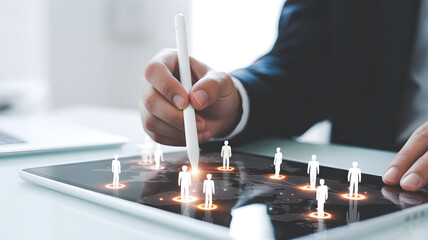 Digital Interface: A close-up captures a businessperson's hand precisely navigating a modern digital interface showcasing miniature figures.