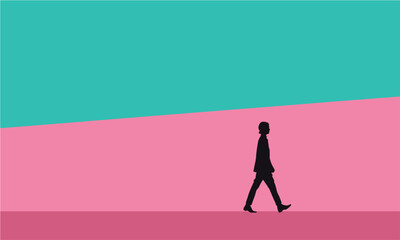 Fototapeta premium Minimalist Vector of Businessman Walking on Colorful Abstract Background Silhouette Illustration Symbolizing Progress, Journey, and Determination