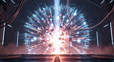 Central bright energy discharge with radiating light streaks and glowing spherical elements in a dark structured interior