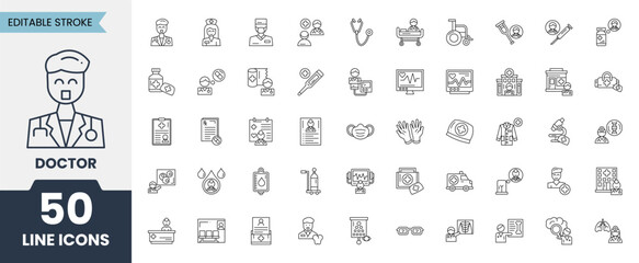 Doctor vector icon set. Medical related icons nurse, surgeon, patient, medicine, health care, physician hospital and more. Editable stroke. Vector illustration