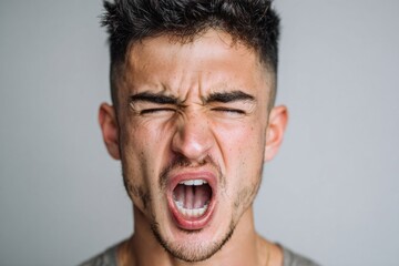 A close-up portrait of a man with an intense, angry expression.