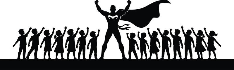 Silhouette of superhero with children, leader inspiring kids, teamwork, unity, motivation, confidence, education role model, guidance concept illustration