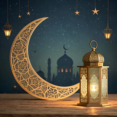 golden crescent moon with lantern glowing ramadan