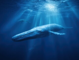 Fototapeta premium Dive into the deep blue with majestic whales swimming gracefully under the ocean's surface, a stunning display of marine life in its natural habitat