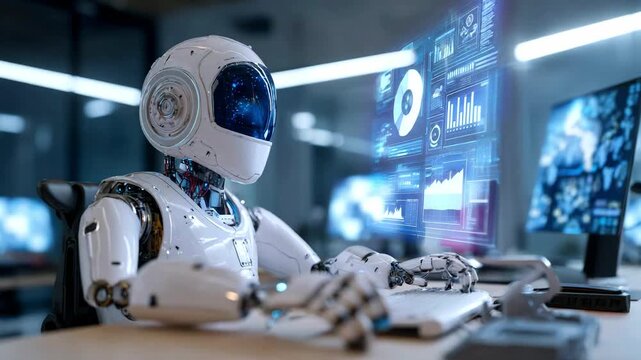 Smart robot working at desk, typing on laptop keyboard, office environment. Robot assistance in large corporation, teamwork. Future technology usage concept, modern development