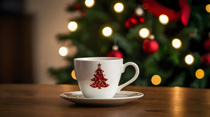 Obraz premium Festive coffee cup in front of Christmas tree