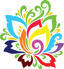 Fototapeta premium Colorful floral ornament: A vibrant and intricate illustration showcases a beautiful flower, with multiple colors and creative, artistic leaves around it.