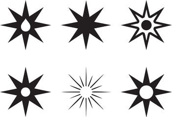 Set of 8 Black Starburst Icons, Sunburst Shapes, Eight-Pointed Stars, Vector Graphics