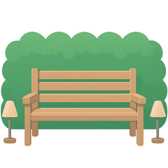 Serene wooden park bench adorned with subtle lighting, nestled against a lush green hedge backdrop