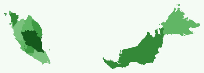 Map of Malaysia with regions. Just a simple country border map with region division. Green color palette. Blank Malaysia shape with administrative division. Vector illustration.