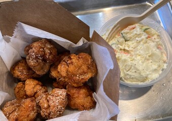 Japanese fried chicken chunks and potato salad