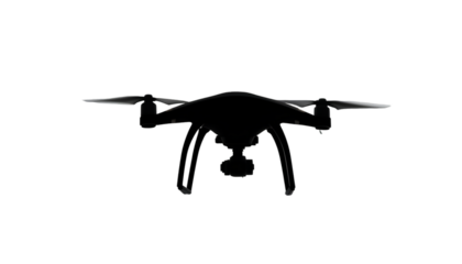 Black Silhouette Quadcopter Drone With Landing Gear and Camera In The Center