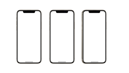 Smartphones Display Mockup: Three sleek, modern smartphones are presented in a clean, minimalist arrangement, showcasing a bright, blank screen perfect for app presentations.