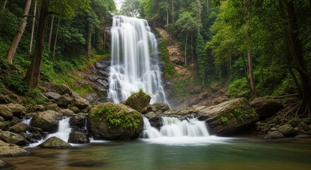 Waterfall cascading down rocks into a pool surrounded by lush green forest.