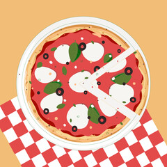 Pizza Margherita with cut slice, pizza Margherita, mozzarella, basil, tomatoes, Italian cuisine