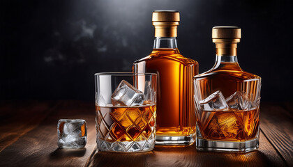 Whisky Bottles And Glasses With Ice Cubes On Dark Wooden Surface