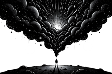 Illustration of a person standing in front of a dark cloud isolated on transparent background