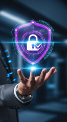 Hand presenting a glowing digital shield with a padlock and checkmark for cybersecurity data protection