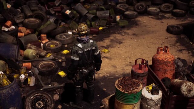 A worker wearing safety gear stands among piles of discarded containers and debris at a hazardous waste site. The focus is on ensuring safety and proper environmental management in the area.