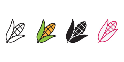 Corn icons with husk and maize ear in outline, solid, and colored styles. Agriculture, organic farming, food production, harvest, vegetarian, vegan, and natural plant-based nutrition vector illustrati