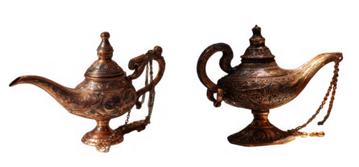 Two antique ornate brass aladdin lamps with intricate carvings and chains, isolated on transparent background