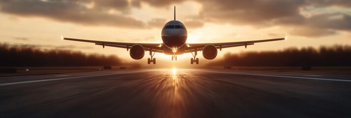 Wide cinematic shot of airplane takeoff with digital overlay text sustainable aviation fuel SAF, glowing eco-friendly graphics.