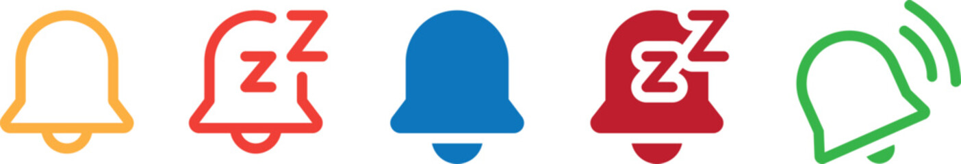 Colorful Notification Bell Icons Set – Alert, Mute, Sleep, and Active Symbols in Flat Style for App UI, Reminder Systems, Web Interfaces, and Mobile Notification Design Elements