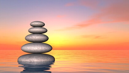 Obraz premium Stacked stones on water, serene sunset