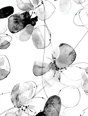 Floral artwork features intricate black and white blossoms with soft petals and flowing lines, creating a serene and stylish design for decor.