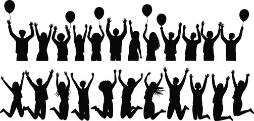Silhouettes of people celebrating with balloons, jumping with joy, expressing freedom, happiness, and excitement in a festive group scene