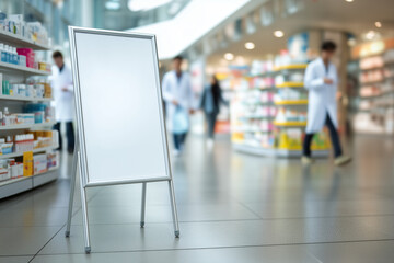 Empty white poster stand mockup inside modern pharmacy with blurred shelves and pharmacists in background, clean advertising display for healthcare and wellness product promotion