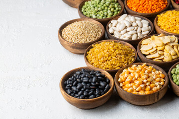 Legumes, a set consisting of different types of beans, lentils and peas