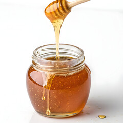 honey dripping into glass jar on white
