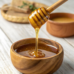 honey dripping slowly from wooden honey dipper