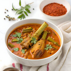 Fototapeta premium Traditional South Indian drumstick curry (sambar drumsticks) served in a bowl, featuring tangy tamarind
