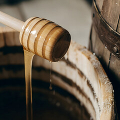honey dripping slowly from wooden honey dipper