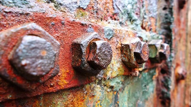 Close-up of rusty structure with bolts. Metal corrosion, old brown rust, metallic surface texture