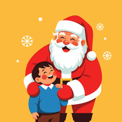 Cheerful Santa Claus Hugging a Happy Girl with Snowflakes Falling.