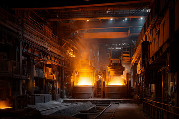 industrial foundry glowing with molten metal and heavy machinery in intense heat