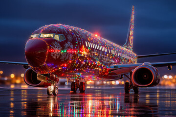 airplane covered in colorful christmas lights parked on wet nighttime tarmac with glowing reflections and blurred airport background in festive illuminated composition