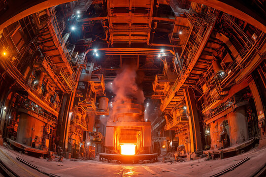 workers operate near glowing furnace in steel foundry filled with heavy machinery and smoke