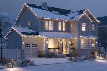 festively lit house with christmas tree and snow-covered yard in winter evening