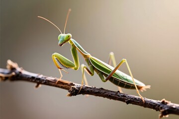 Insect action praying mantis on a branch nature close-up outdoor scene