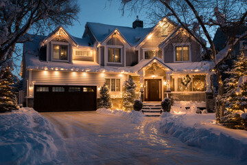 snow-covered house glowing with festive lights during winter holiday season