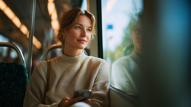 Young woman riding train with smartphone looking out window 
 - Powered by Adobe
