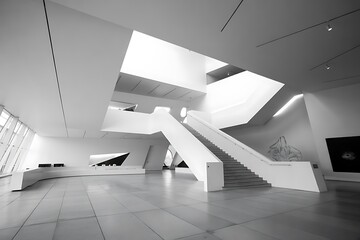 Obraz premium A Striking Architectural Masterpiece: Modern White Interior of a Museum or Gallery with a Dynamic Staircase Design.