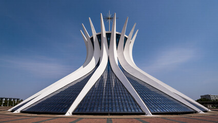 The exterior of the iconic Metropolitan Cathedral in Brasilia, Brazil. The modern, futuristic design features large curved concrete columns that form a crown-like structure around a glass roof.