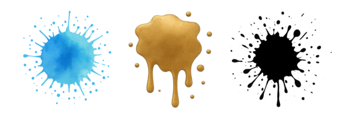 Blue, Golden and black ink splash and blob pack - 3 elements in one set Isolated on Transparent Background
